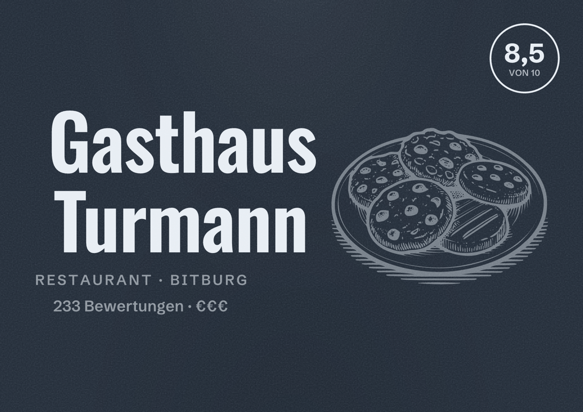 Illustriertes Poster von Gasthaus Turmann, Restaurant in Bitburg: Bewertung 8,5 von 10 aus 233 Bewertungen, Preisniveau €€€