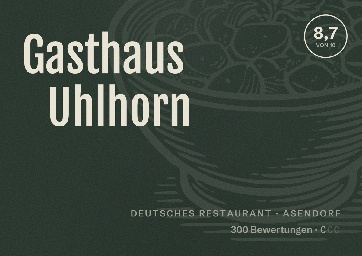 Illustriertes Poster von Gasthaus Uhlhorn, Deutsches Restaurant in Asendorf: Bewertung 8,7 von 10 aus 300 Bewertungen, Preisniveau €