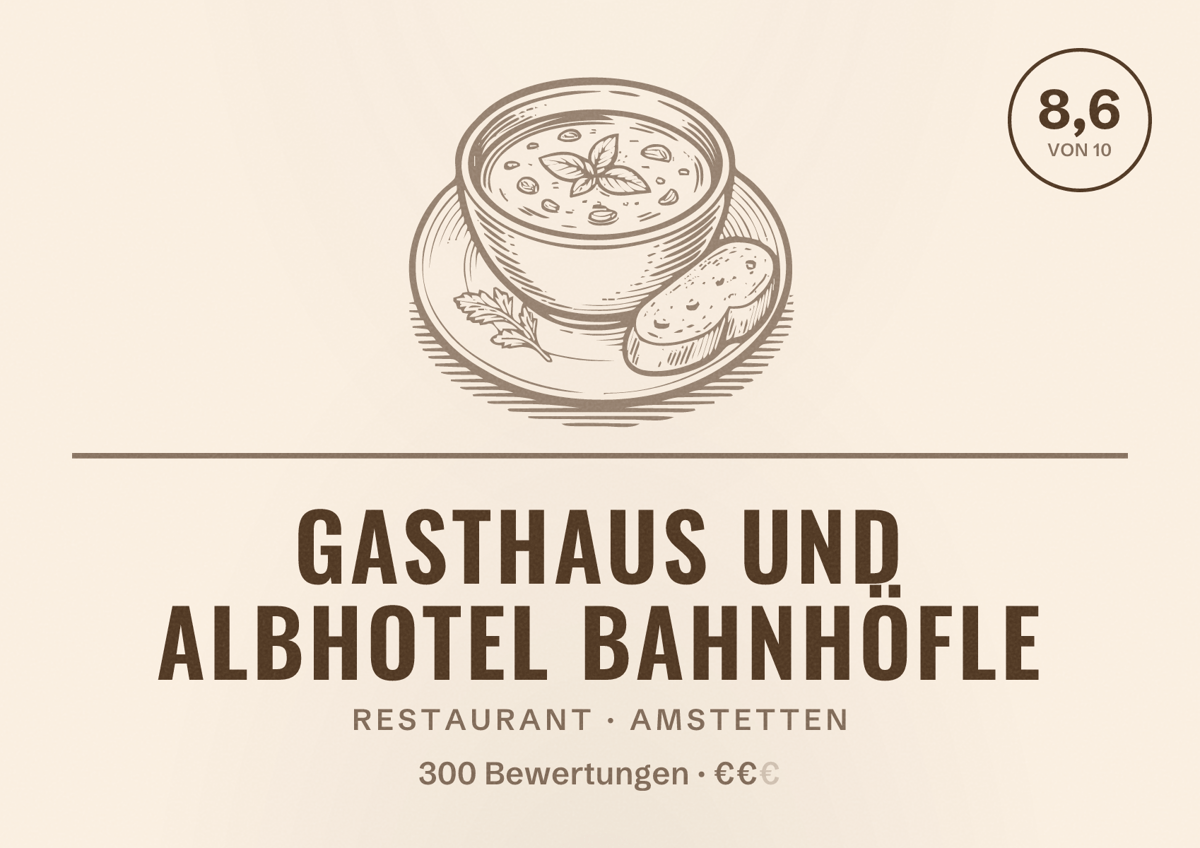 Illustriertes Poster von Gasthaus und Albhotel Bahnhöfle, Restaurant in Amstetten: Bewertung 8,6 von 10 aus 300 Bewertungen, Preisniveau €€