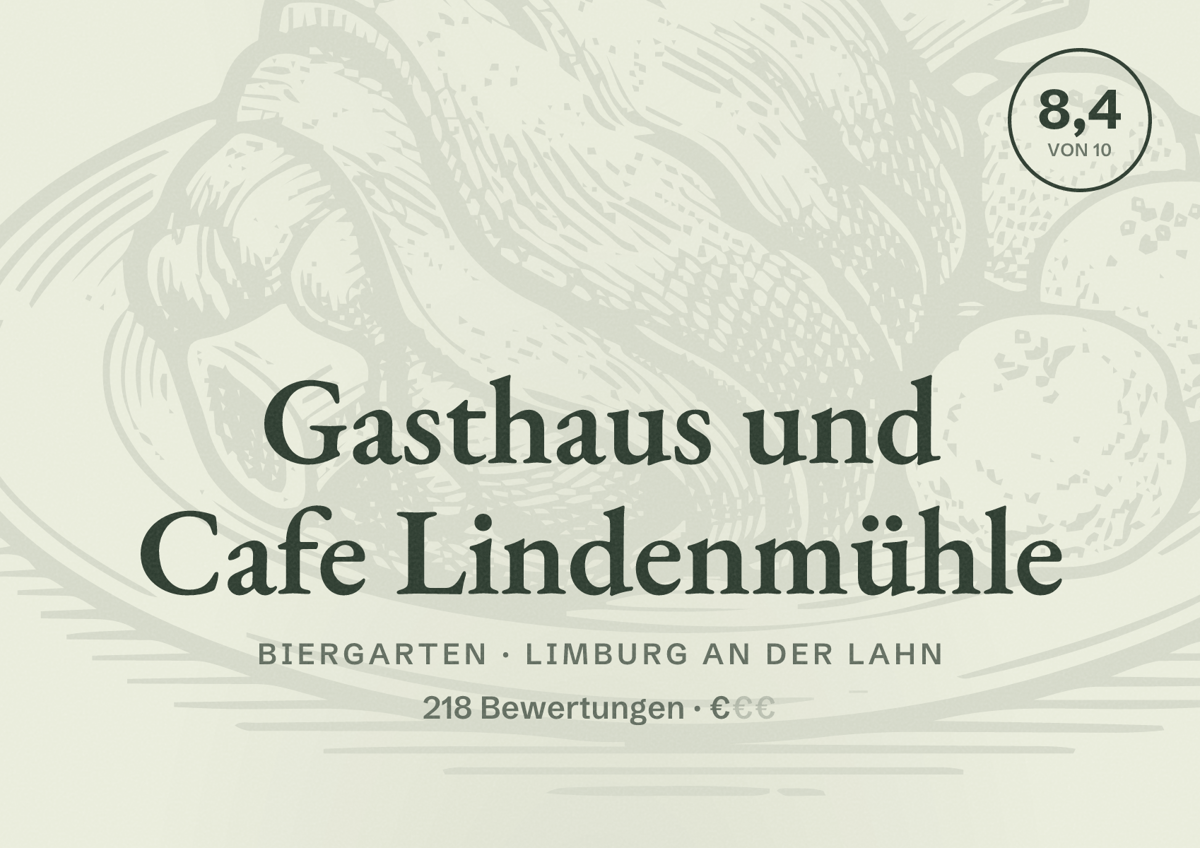 Illustriertes Poster von Gasthaus und Cafe Lindenmühle, Biergarten in Limburg an der Lahn: Bewertung 8,4 von 10 aus 218 Bewertungen, Preisniveau €