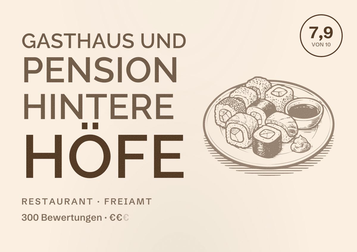Illustriertes Poster von Gasthaus und Pension Hintere Höfe, Restaurant in Freiamt: Bewertung 7,9 von 10 aus 300 Bewertungen, Preisniveau €€