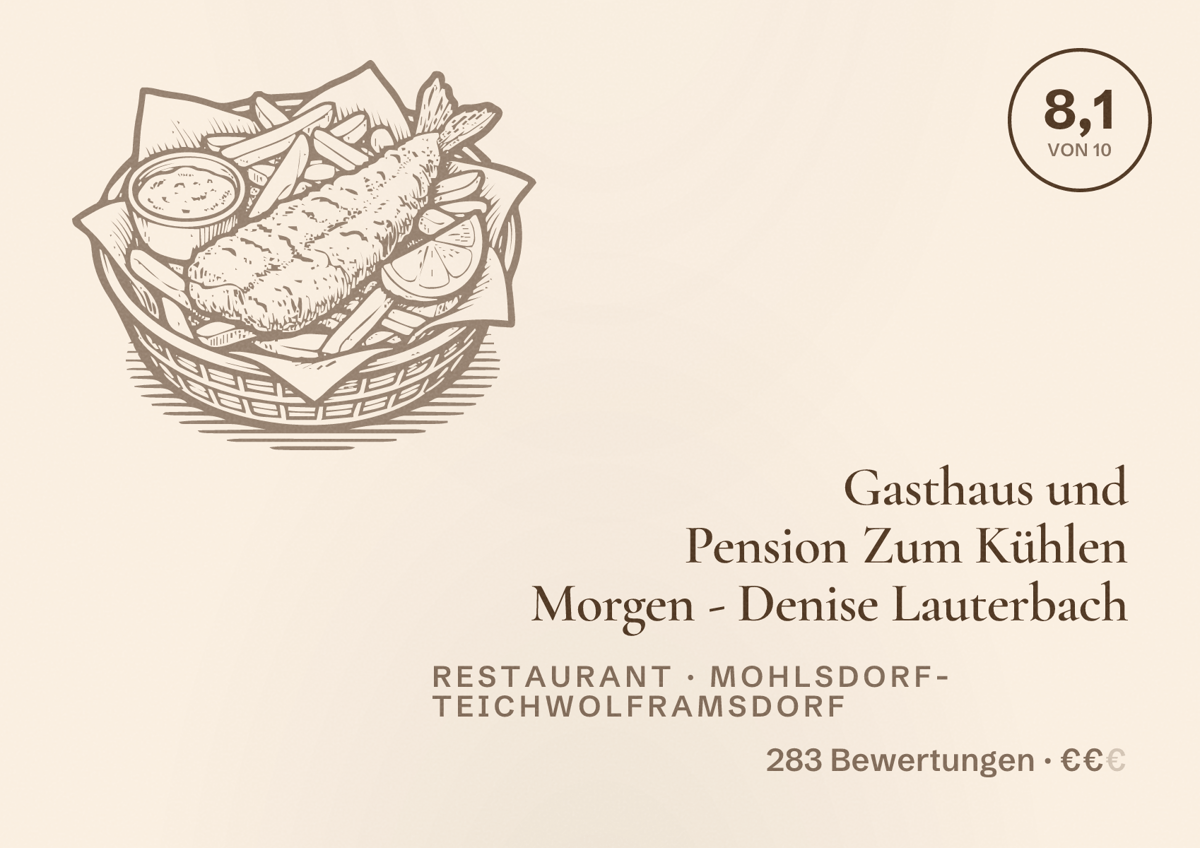 Illustriertes Poster von Gasthaus und Pension Zum Kühlen Morgen - Denise Lauterbach, Restaurant in Mohlsdorf-Teichwolframsdorf: Bewertung 8,1 von 10 aus 283 Bewertungen, Preisniveau €€