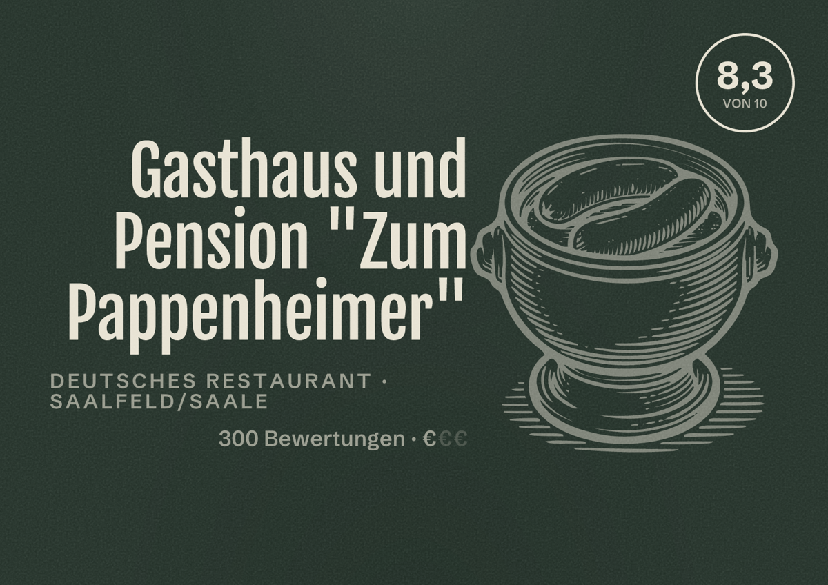 Illustriertes Poster von Gasthaus und Pension "Zum Pappenheimer", Deutsches Restaurant in Saalfeld/Saale: Bewertung 8,3 von 10 aus 300 Bewertungen, Preisniveau €