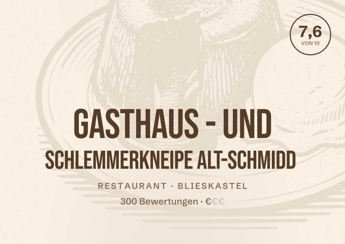 Illustriertes Poster von Gasthaus - und Schlemmerkneipe Alt-Schmidd, Restaurant in Blieskastel: Bewertung 7,6 von 10 aus 300 Bewertungen, Preisniveau €