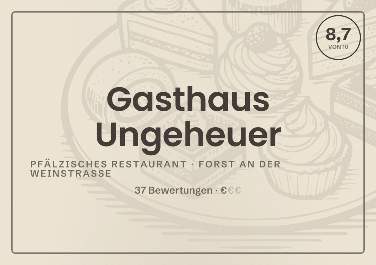 Illustriertes Poster von Gasthaus Ungeheuer, Pfälzisches Restaurant in Forst an der Weinstraße: Bewertung 8,7 von 10 aus 37 Bewertungen, Preisniveau €