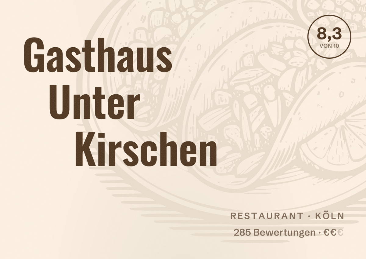 Illustriertes Poster von Gasthaus Unter Kirschen, Restaurant in Köln: Bewertung 8,3 von 10 aus 285 Bewertungen, Preisniveau €€
