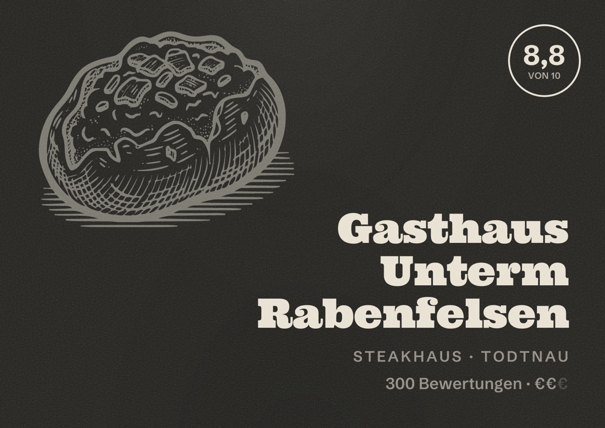 Illustriertes Poster von Gasthaus Unterm Rabenfelsen, Steakhaus in Todtnau: Bewertung 8,8 von 10 aus 300 Bewertungen, Preisniveau €€
