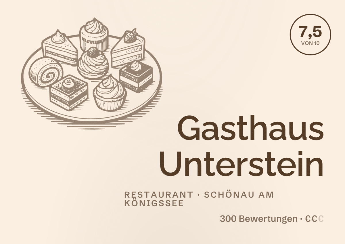 Illustriertes Poster von Gasthaus Unterstein, Restaurant in Schönau am Königssee: Bewertung 7,5 von 10 aus 300 Bewertungen, Preisniveau €€
