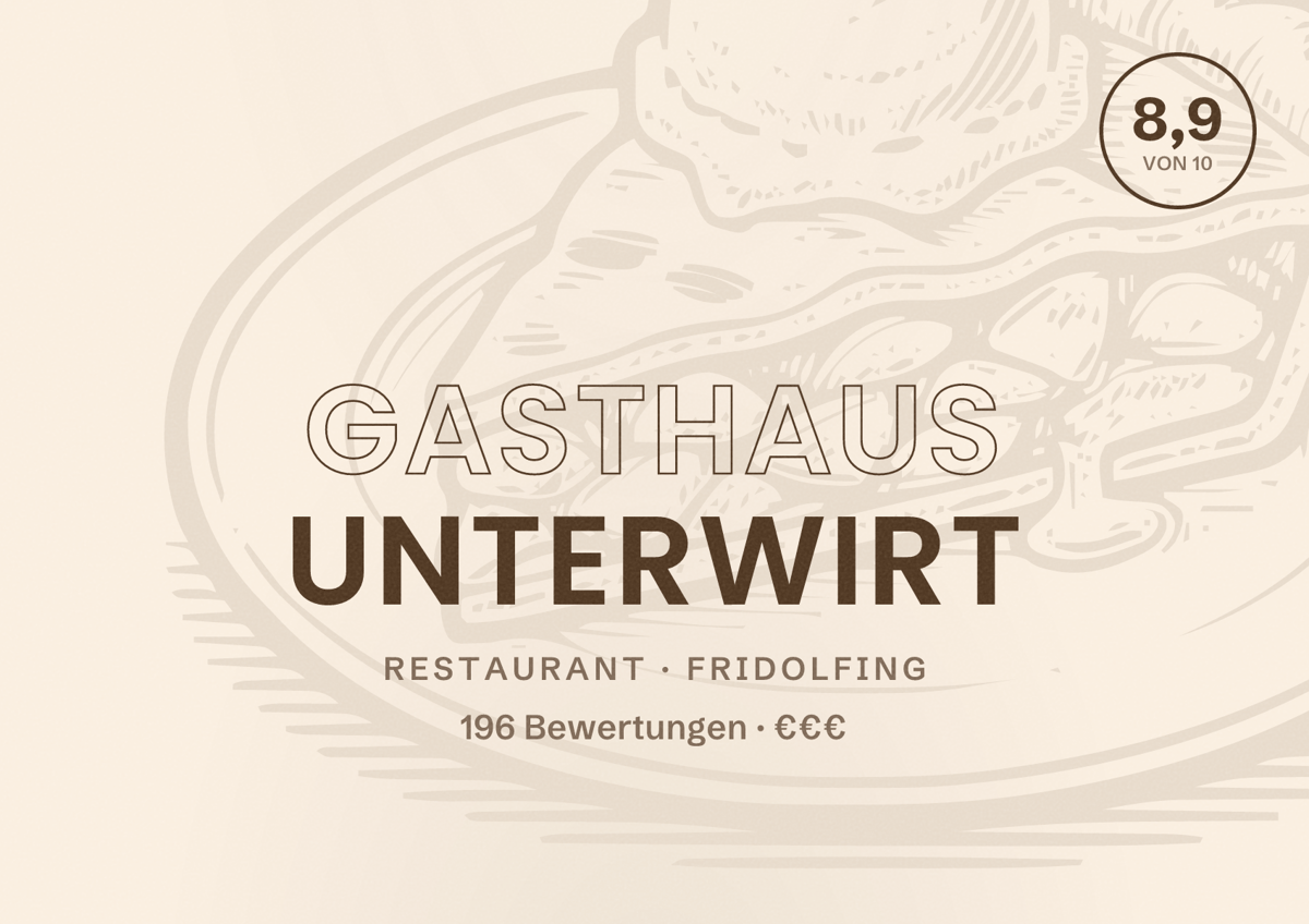 Illustriertes Poster von Gasthaus Unterwirt, Restaurant in Fridolfing: Bewertung 8,9 von 10 aus 196 Bewertungen, Preisniveau €€€