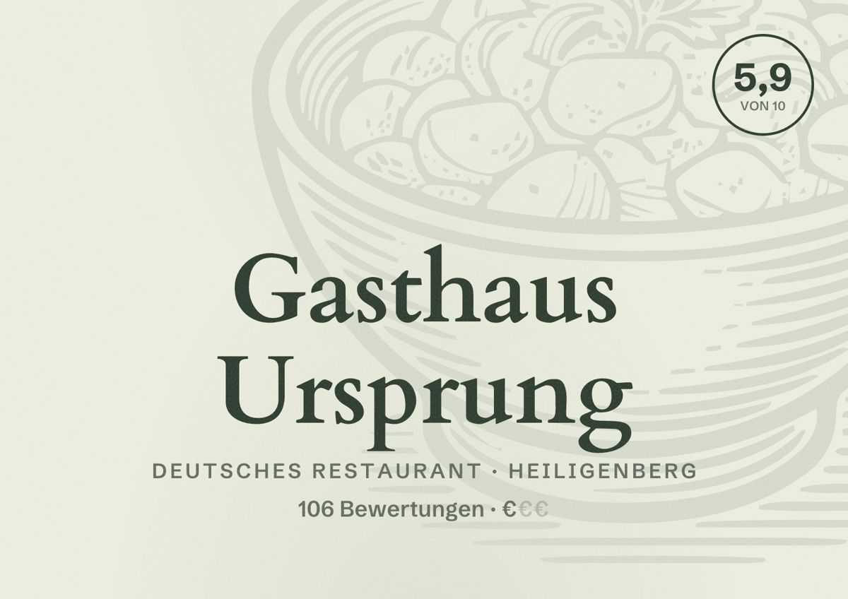 Illustriertes Poster von Gasthaus Ursprung, Deutsches Restaurant in Heiligenberg: Bewertung 5,9 von 10 aus 106 Bewertungen, Preisniveau €