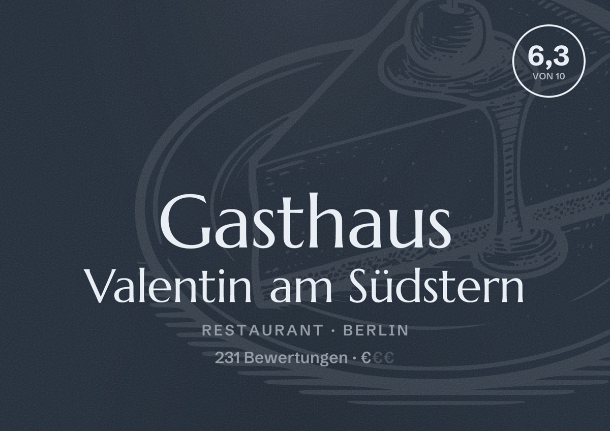 Illustriertes Poster von Gasthaus Valentin am Südstern, Restaurant in Berlin: Bewertung 6,3 von 10 aus 231 Bewertungen, Preisniveau €