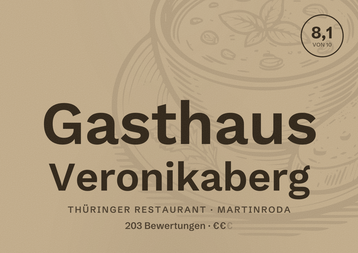 Illustriertes Poster von Gasthaus Veronikaberg, Thüringer Restaurant in Martinroda: Bewertung 8,1 von 10 aus 203 Bewertungen, Preisniveau €€