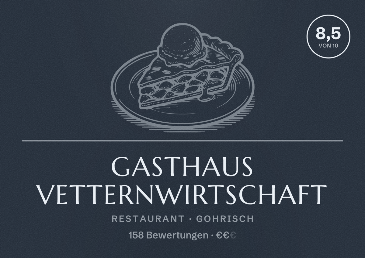 Illustriertes Poster von Gasthaus Vetternwirtschaft, Restaurant in Gohrisch: Bewertung 8,5 von 10 aus 158 Bewertungen, Preisniveau €€