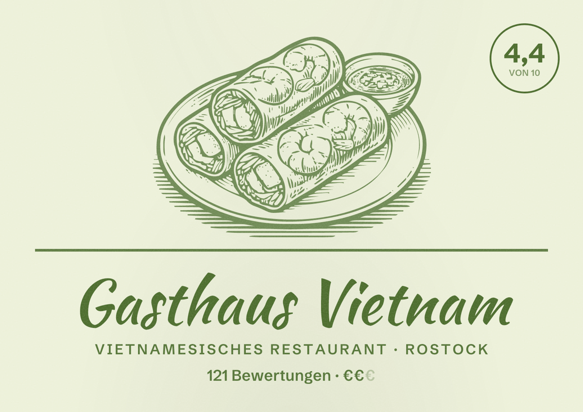 Illustriertes Poster von Gasthaus Vietnam, Vietnamesisches Restaurant in Rostock: Bewertung 4,4 von 10 aus 121 Bewertungen, Preisniveau €€