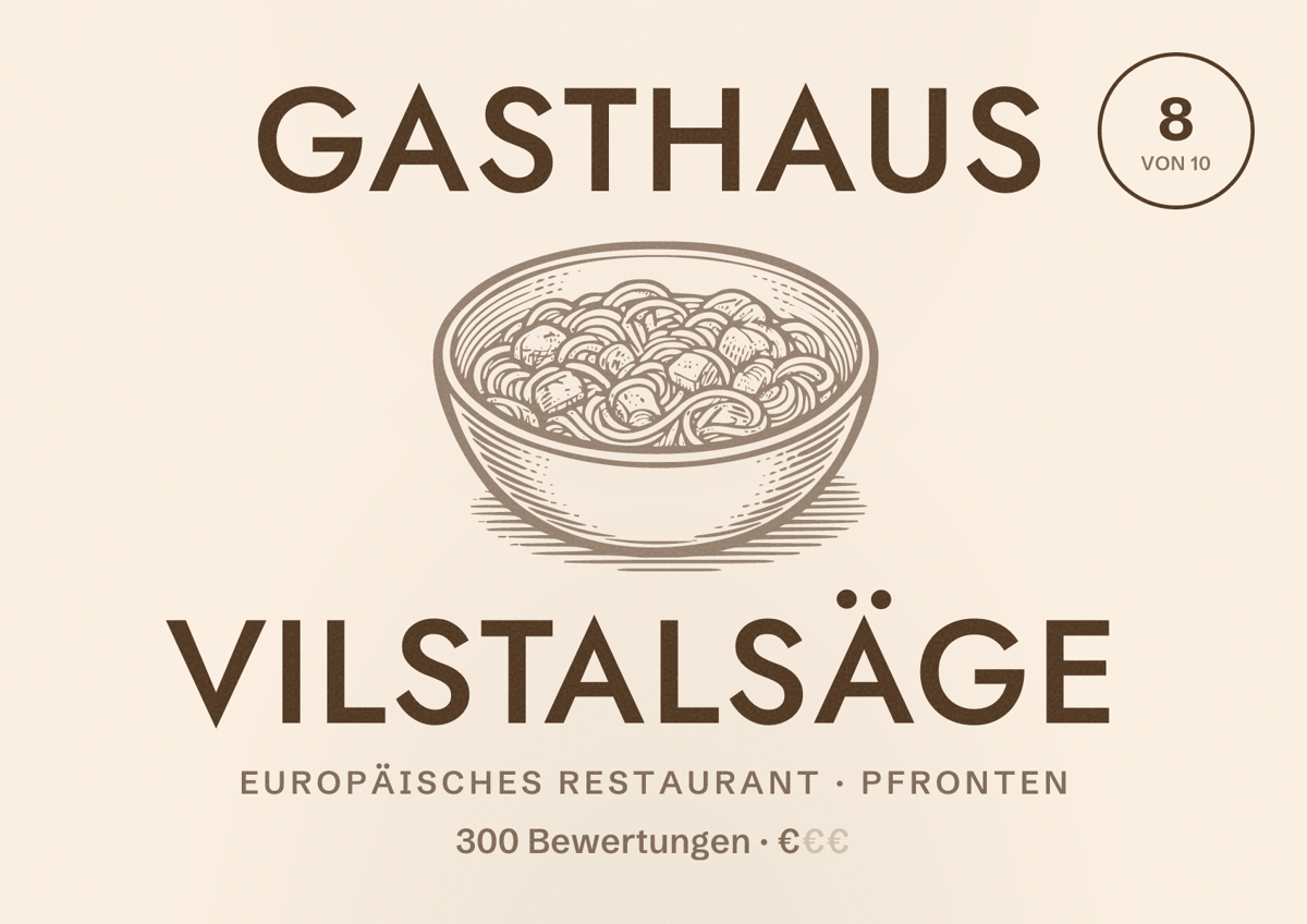 Illustriertes Poster von Gasthaus Vilstalsäge, Europäisches Restaurant in Pfronten: Bewertung 8 von 10 aus 300 Bewertungen, Preisniveau €