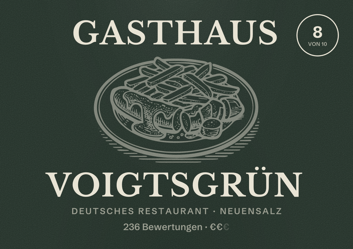 Illustriertes Poster von Gasthaus Voigtsgrün, Deutsches Restaurant in Neuensalz: Bewertung 8 von 10 aus 236 Bewertungen, Preisniveau €€
