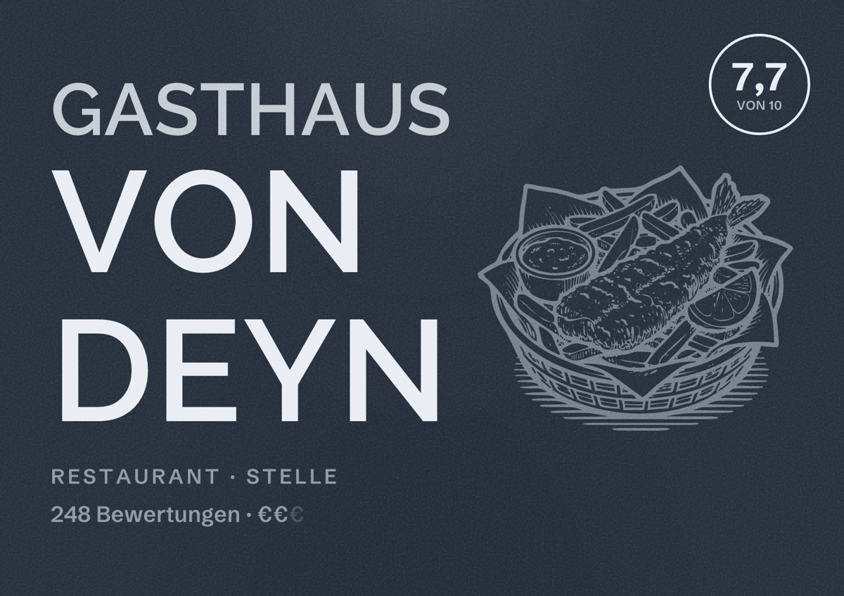 Illustriertes Poster von Gasthaus von Deyn, Restaurant in Stelle: Bewertung 7,7 von 10 aus 248 Bewertungen, Preisniveau €€