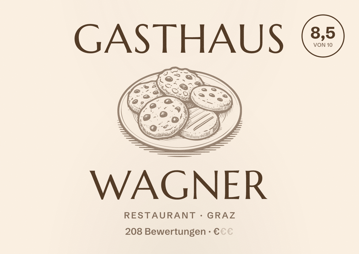 Illustriertes Poster von Gasthaus Wagner, Restaurant in Graz: Bewertung 8,5 von 10 aus 208 Bewertungen, Preisniveau €