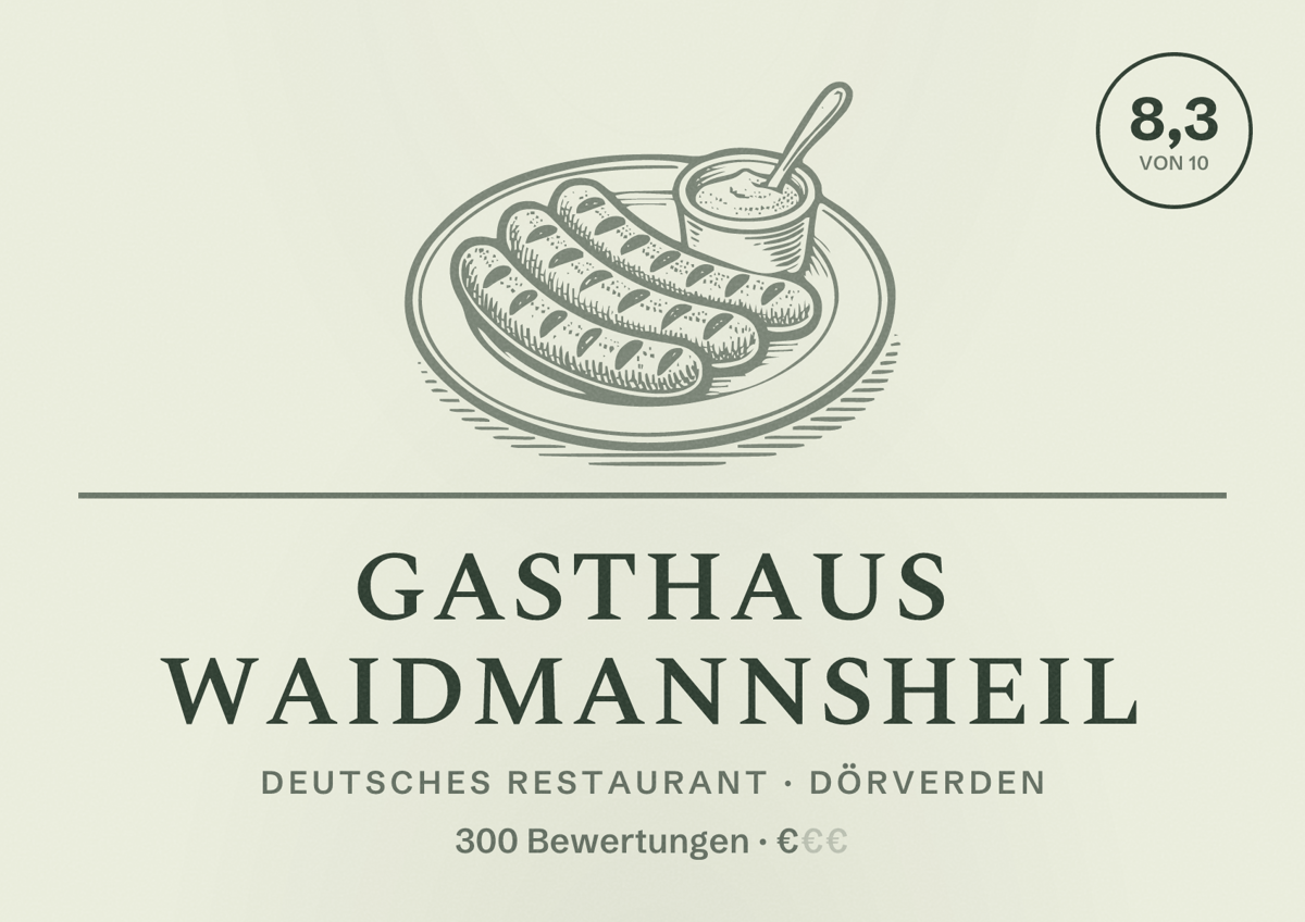 Illustriertes Poster von Gasthaus Waidmannsheil, Deutsches Restaurant in Dörverden: Bewertung 8,3 von 10 aus 300 Bewertungen, Preisniveau €