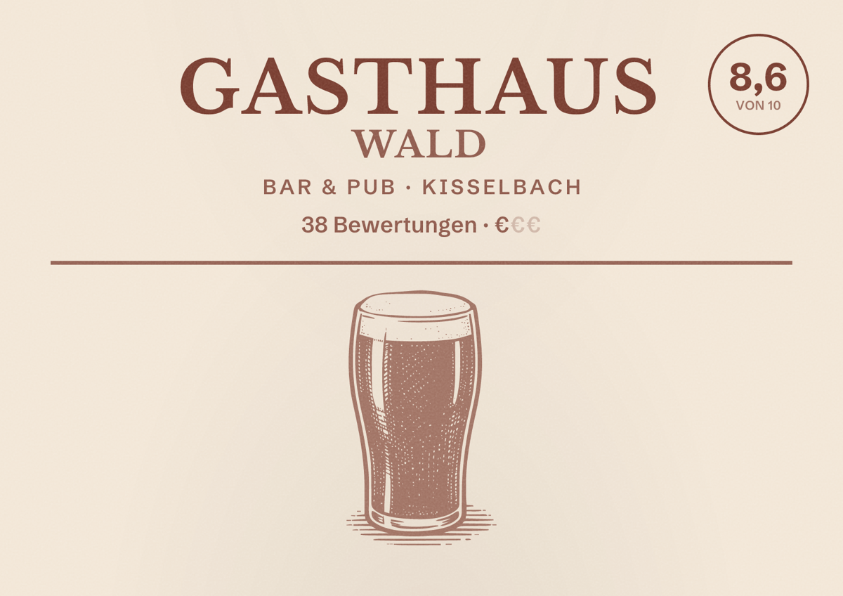 Illustriertes Poster von Gasthaus Wald, Bar & Pub in Kisselbach: Bewertung 8,6 von 10 aus 38 Bewertungen, Preisniveau €