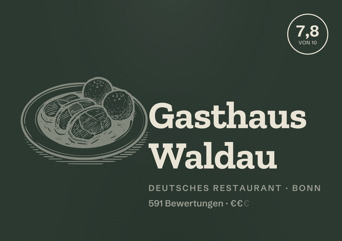 Illustriertes Poster von Gasthaus Waldau, Deutsches Restaurant in Bonn: Bewertung 7,8 von 10 aus 591 Bewertungen, Preisniveau €€