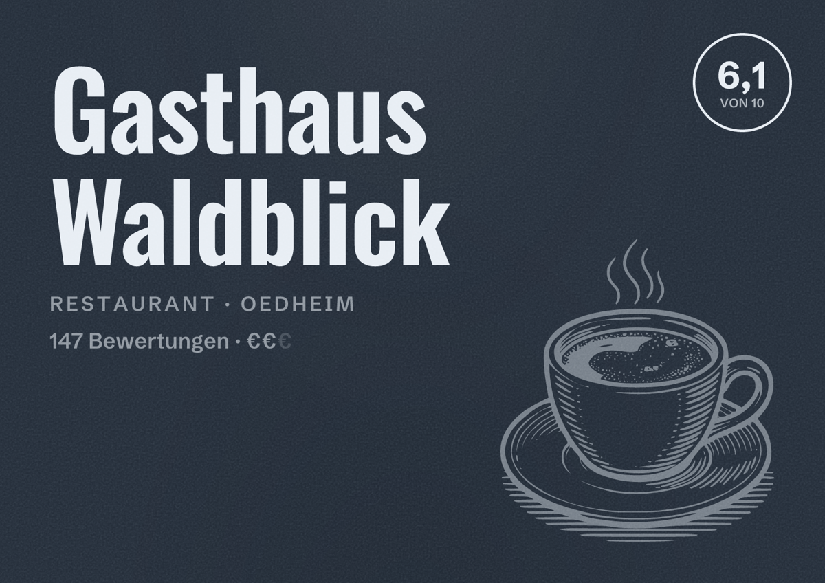 Illustriertes Poster von Gasthaus Waldblick, Restaurant in Oedheim: Bewertung 6,1 von 10 aus 147 Bewertungen, Preisniveau €€