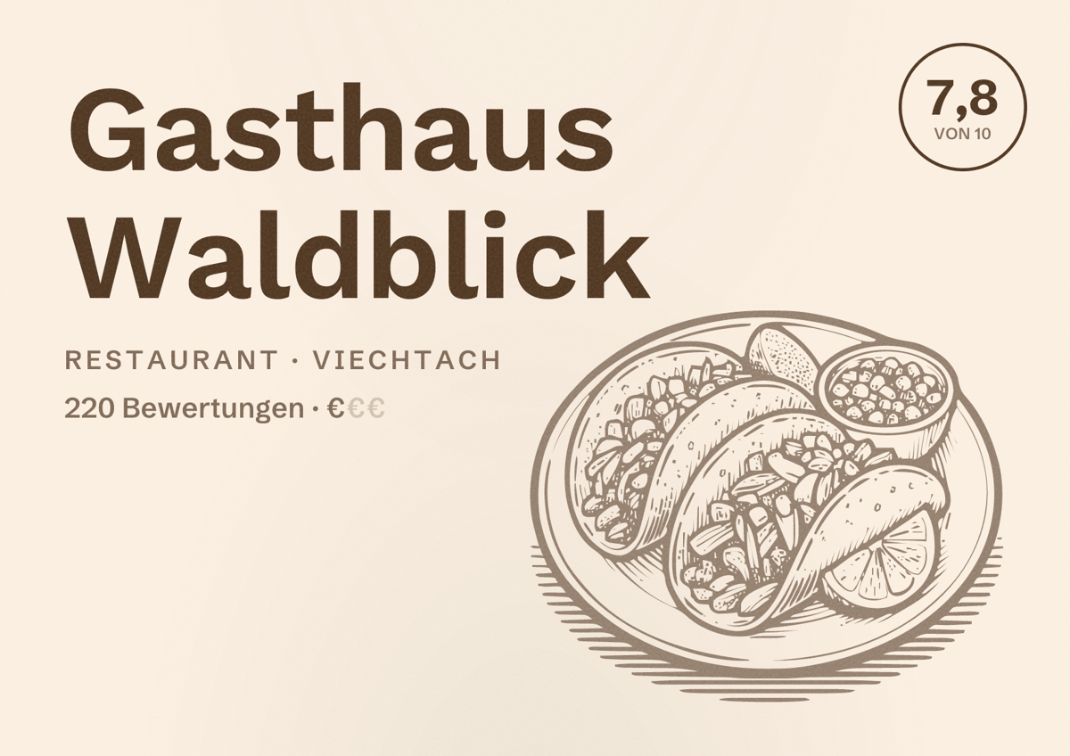 Illustriertes Poster von Gasthaus Waldblick, Restaurant in Viechtach: Bewertung 7,8 von 10 aus 220 Bewertungen, Preisniveau €