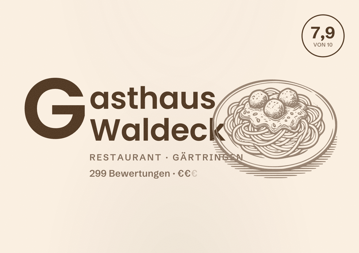 Illustriertes Poster von Gasthaus Waldeck, Restaurant in Gärtringen: Bewertung 7,9 von 10 aus 299 Bewertungen, Preisniveau €€