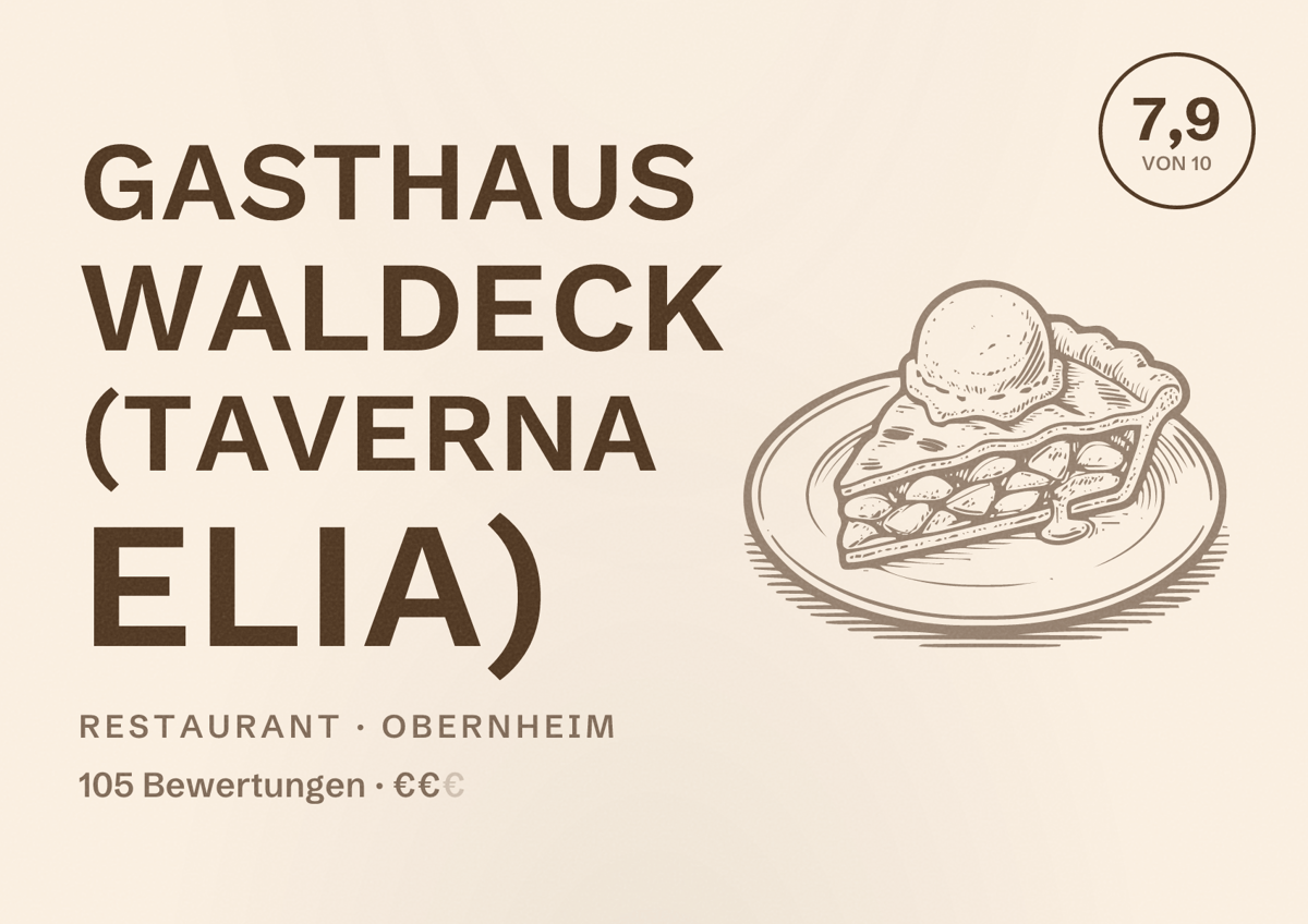 Illustriertes Poster von Gasthaus Waldeck (Taverna Elia), Restaurant in Obernheim: Bewertung 7,9 von 10 aus 105 Bewertungen, Preisniveau €€