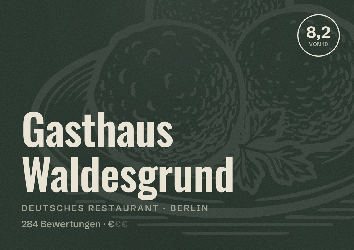 Illustriertes Poster von Gasthaus Waldesgrund, Deutsches Restaurant in Berlin: Bewertung 8,2 von 10 aus 284 Bewertungen, Preisniveau €