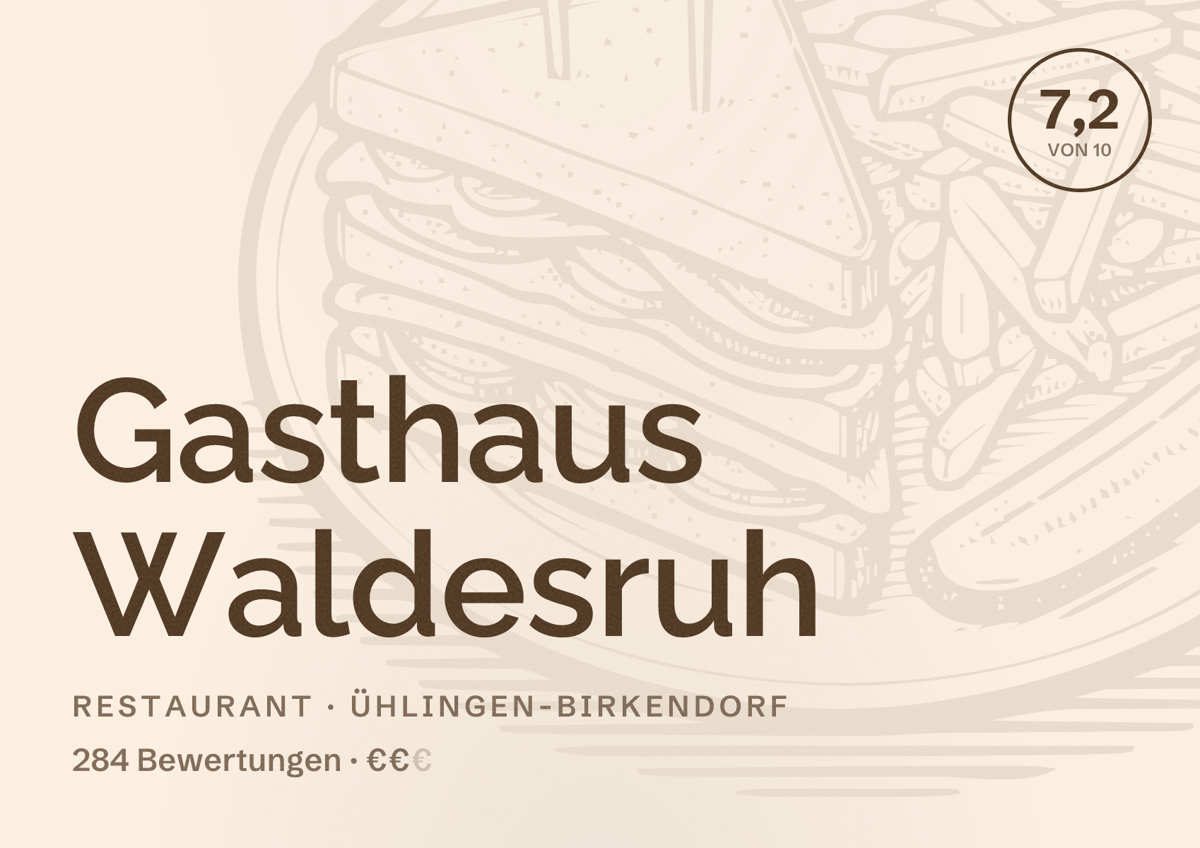 Illustriertes Poster von Gasthaus Waldesruh, Restaurant in Ühlingen-Birkendorf: Bewertung 7,2 von 10 aus 284 Bewertungen, Preisniveau €€