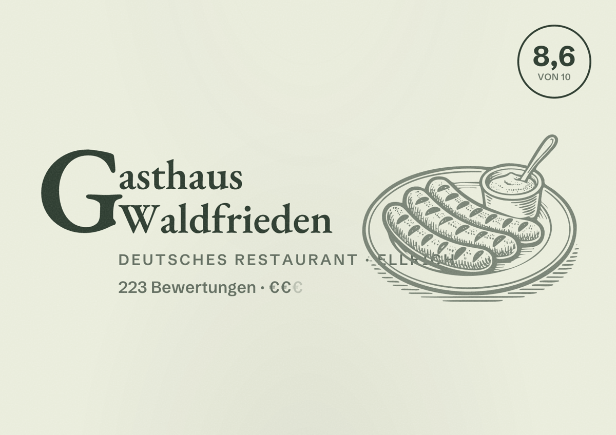 Illustriertes Poster von Gasthaus Waldfrieden, Deutsches Restaurant in Ellrich: Bewertung 8,6 von 10 aus 223 Bewertungen, Preisniveau €€