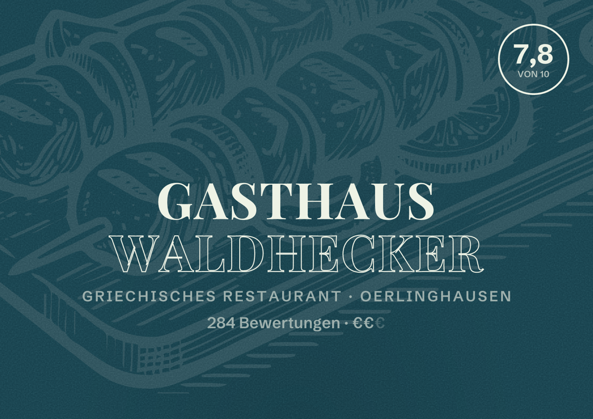 Illustriertes Poster von Gasthaus Waldhecker, Griechisches Restaurant in Oerlinghausen: Bewertung 7,8 von 10 aus 284 Bewertungen, Preisniveau €€