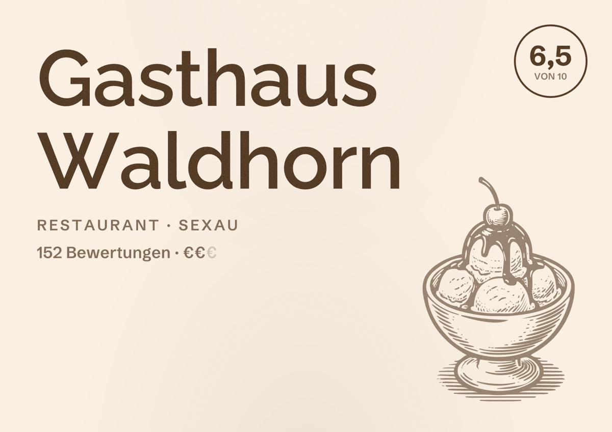 Illustriertes Poster von Gasthaus Waldhorn, Restaurant in Sexau: Bewertung 6,5 von 10 aus 152 Bewertungen, Preisniveau €€