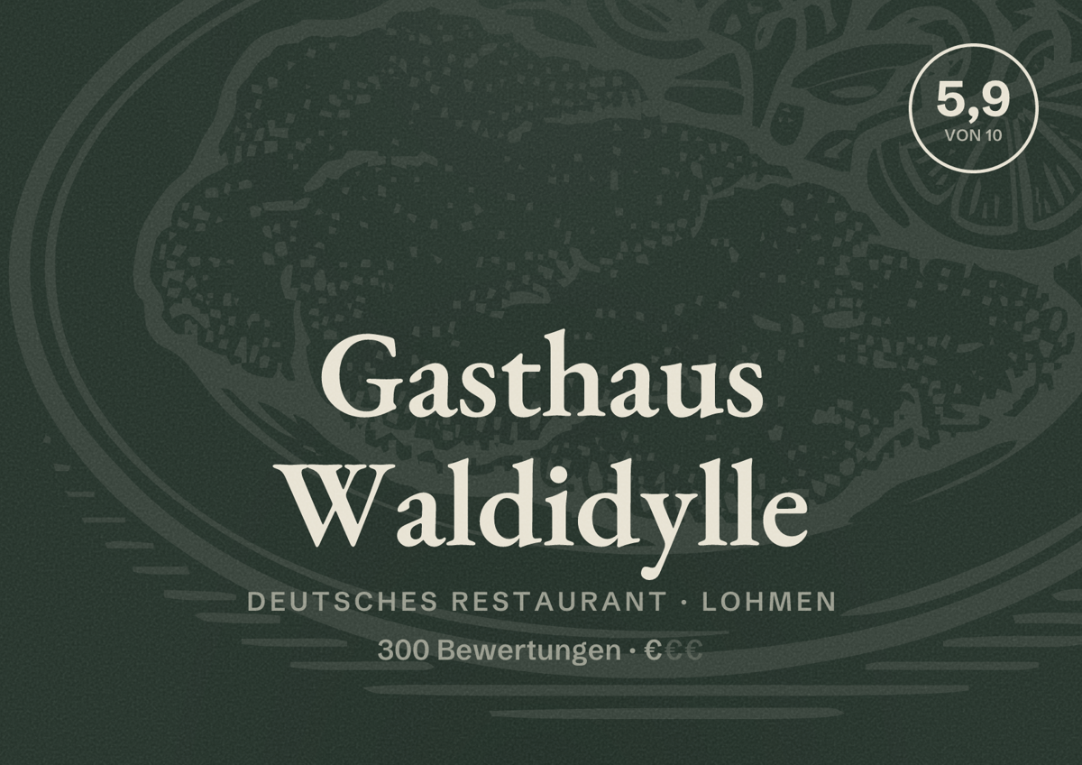 Illustriertes Poster von Gasthaus Waldidylle, Deutsches Restaurant in Lohmen: Bewertung 5,9 von 10 aus 300 Bewertungen, Preisniveau €