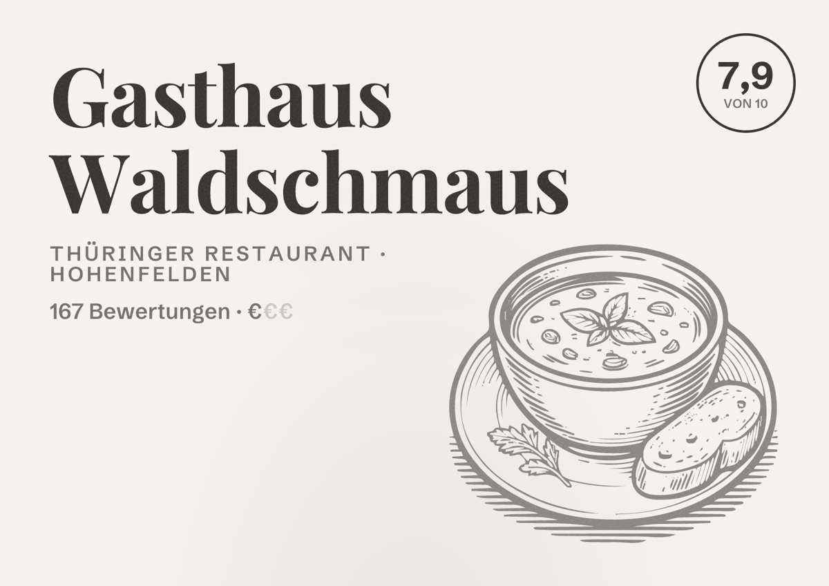 Illustriertes Poster von Gasthaus Waldschmaus, Thüringer Restaurant in Hohenfelden: Bewertung 7,9 von 10 aus 167 Bewertungen, Preisniveau €