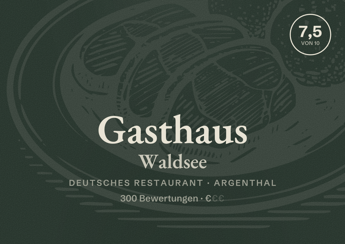 Illustriertes Poster von Gasthaus Waldsee, Deutsches Restaurant in Argenthal: Bewertung 7,5 von 10 aus 300 Bewertungen, Preisniveau €