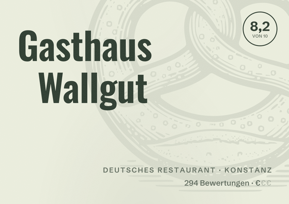 Illustriertes Poster von Gasthaus Wallgut, Deutsches Restaurant in Konstanz: Bewertung 8,2 von 10 aus 294 Bewertungen, Preisniveau €