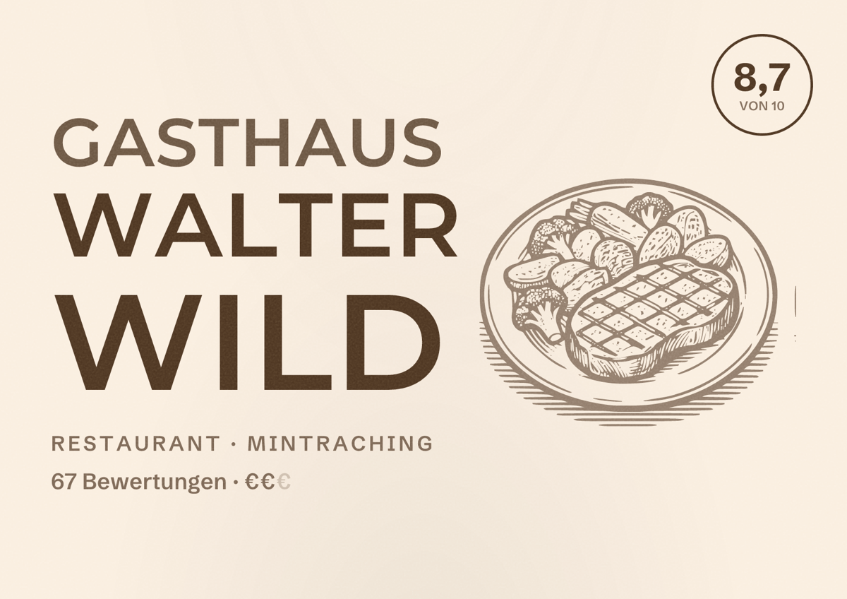 Illustriertes Poster von Gasthaus Walter Wild, Restaurant in Mintraching: Bewertung 8,7 von 10 aus 67 Bewertungen, Preisniveau €€