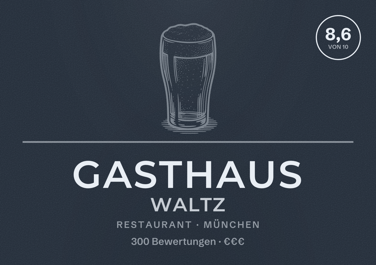 Illustriertes Poster von Gasthaus Waltz, Restaurant in München: Bewertung 8,6 von 10 aus 300 Bewertungen, Preisniveau €€€