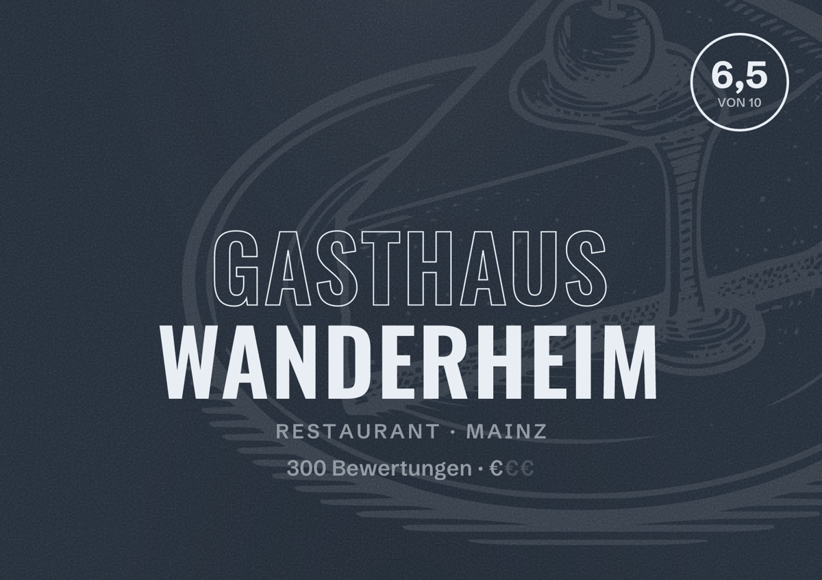 Illustriertes Poster von Gasthaus Wanderheim, Restaurant in Mainz: Bewertung 6,5 von 10 aus 300 Bewertungen, Preisniveau €