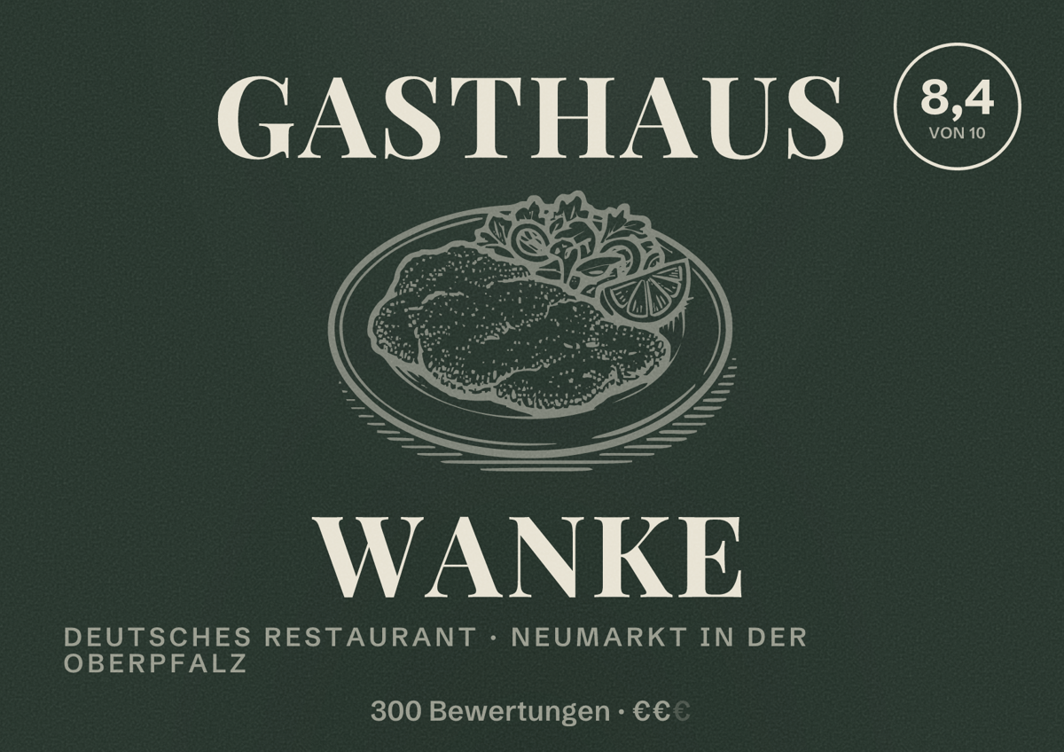 Illustriertes Poster von Gasthaus Wanke, Deutsches Restaurant in Neumarkt in der Oberpfalz: Bewertung 8,4 von 10 aus 300 Bewertungen, Preisniveau €€