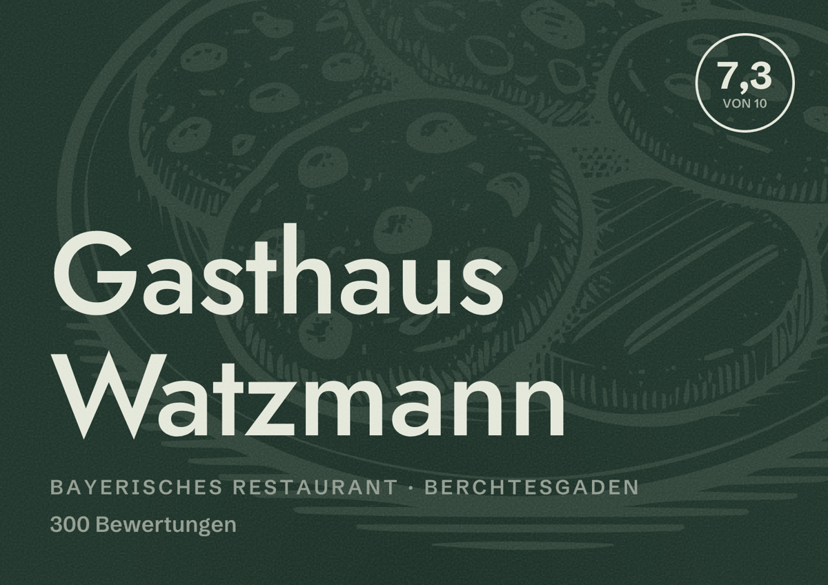 Illustriertes Poster von Gasthaus Watzmann, Bayerisches Restaurant in Berchtesgaden: Bewertung 7,3 von 10 aus 300 Bewertungen