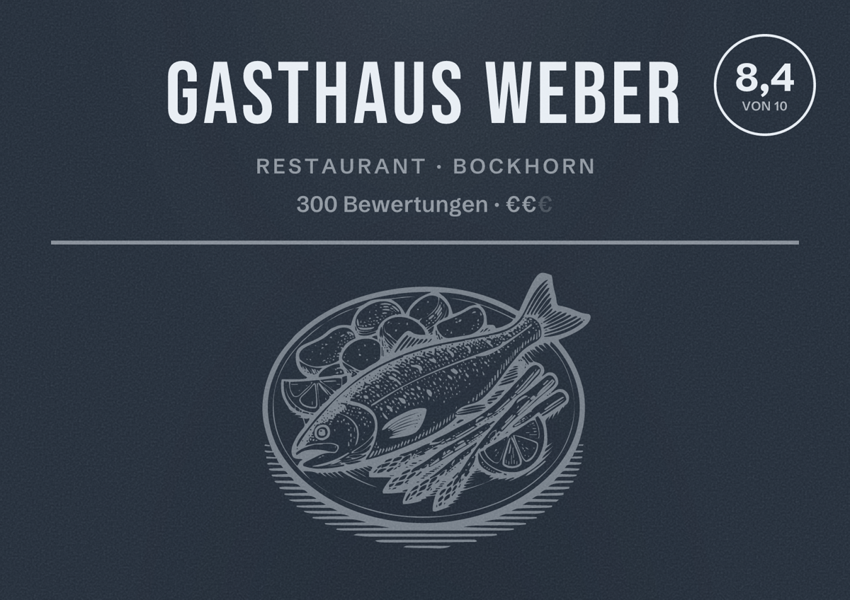 Illustriertes Poster von Gasthaus Weber, Restaurant in Bockhorn: Bewertung 8,4 von 10 aus 300 Bewertungen, Preisniveau €€