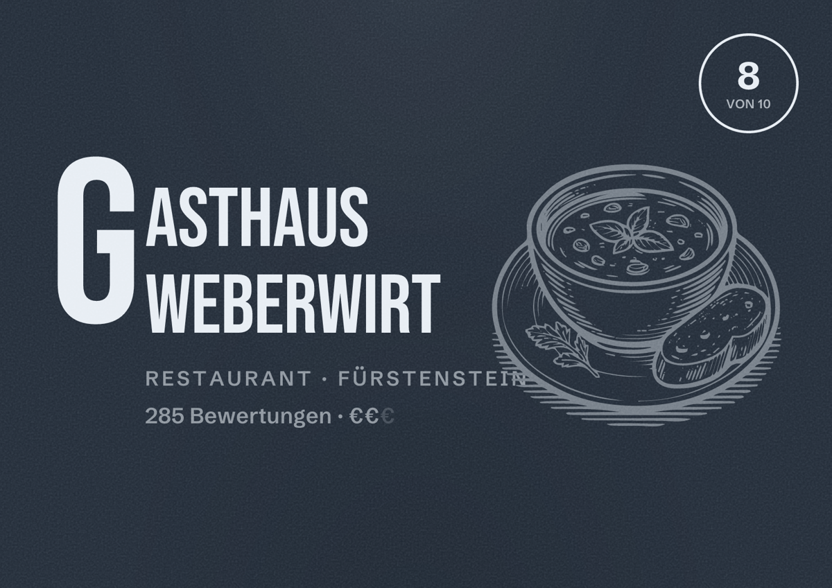 Illustriertes Poster von Gasthaus Weberwirt, Restaurant in Fürstenstein: Bewertung 8 von 10 aus 285 Bewertungen, Preisniveau €€
