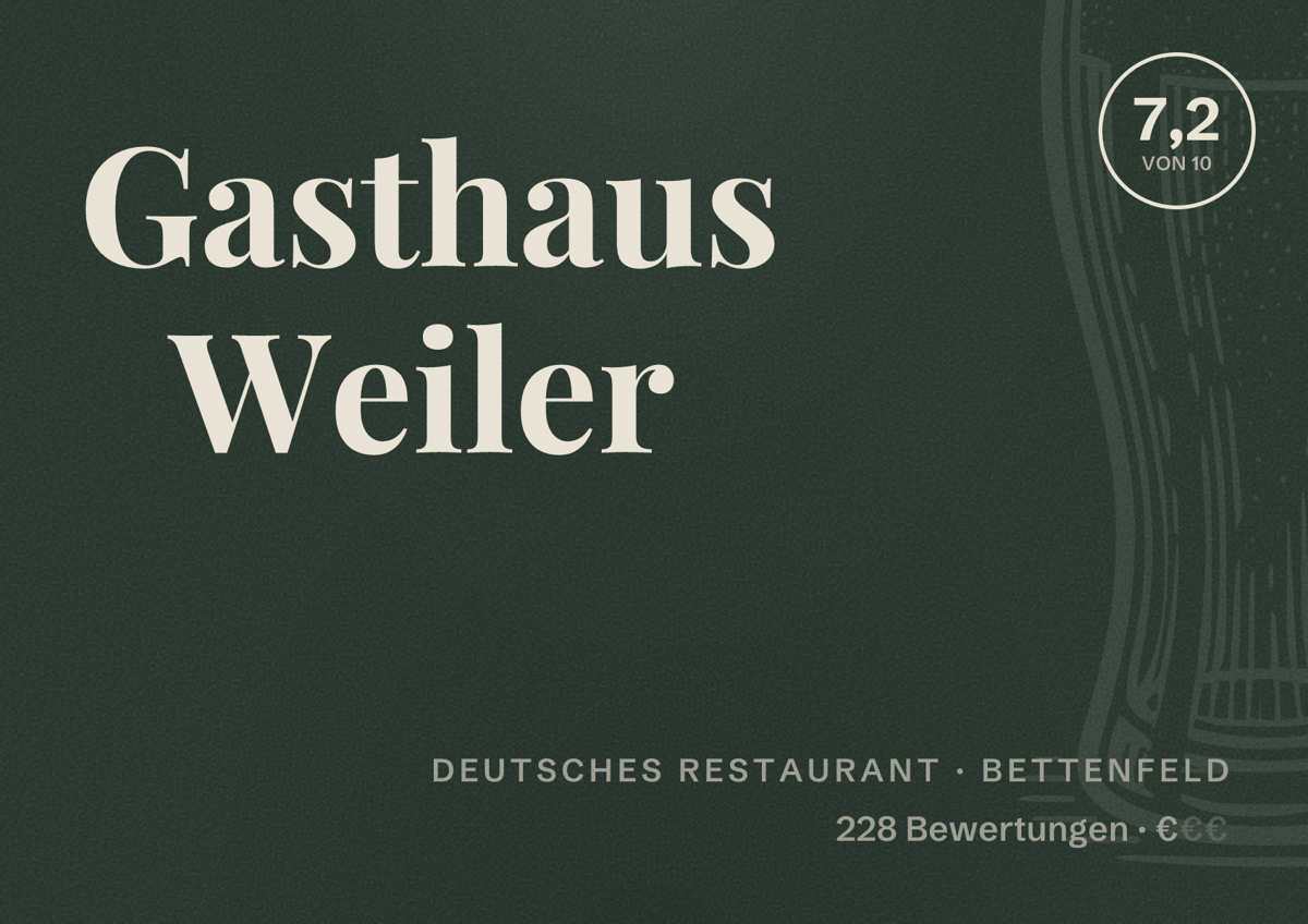 Illustriertes Poster von Gasthaus Weiler, Deutsches Restaurant in Bettenfeld: Bewertung 7,2 von 10 aus 228 Bewertungen, Preisniveau €