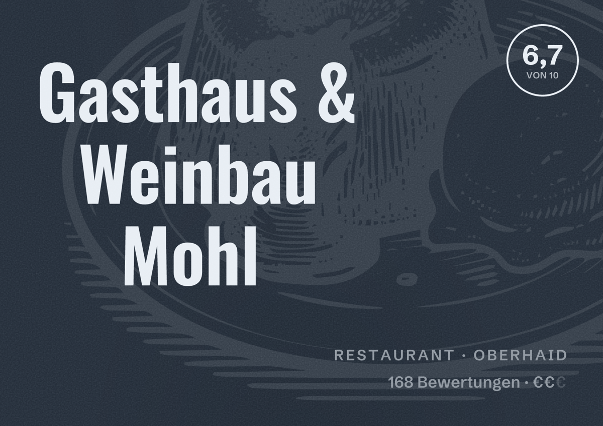 Illustriertes Poster von Gasthaus & Weinbau Mohl, Restaurant in Oberhaid: Bewertung 6,7 von 10 aus 168 Bewertungen, Preisniveau €€