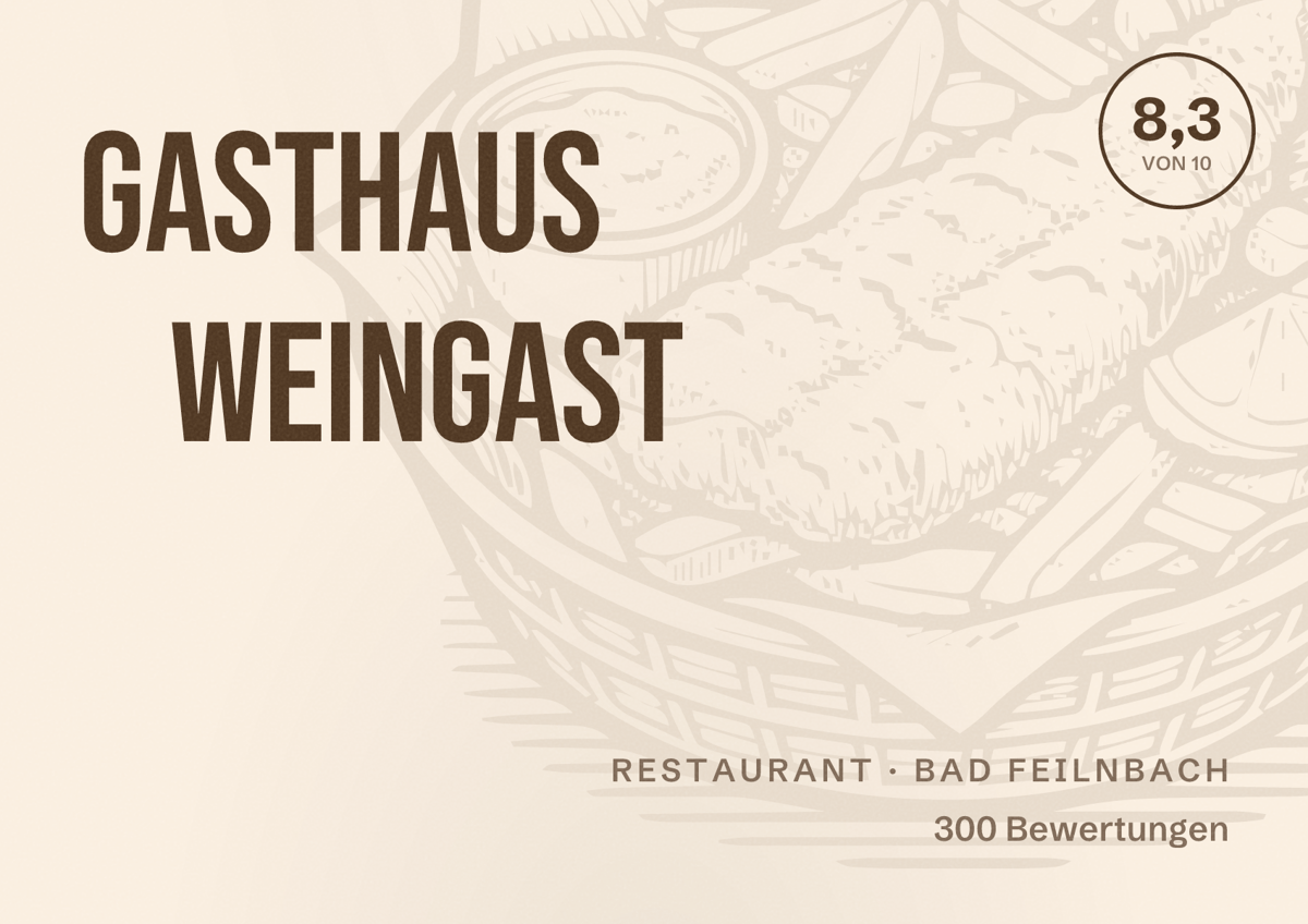 Illustriertes Poster von Gasthaus Weingast, Restaurant in Bad Feilnbach: Bewertung 8,3 von 10 aus 300 Bewertungen