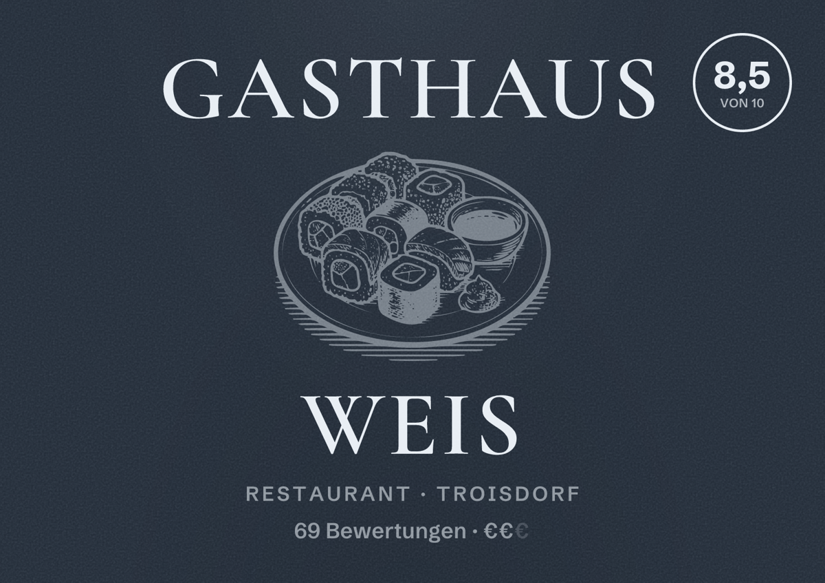 Illustriertes Poster von Gasthaus Weis, Restaurant in Troisdorf: Bewertung 8,5 von 10 aus 69 Bewertungen, Preisniveau €€