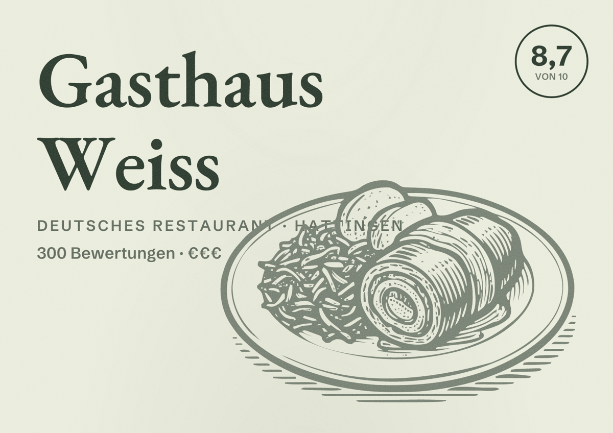 Illustriertes Poster von Gasthaus Weiss, Deutsches Restaurant in Hattingen: Bewertung 8,7 von 10 aus 300 Bewertungen, Preisniveau €€€